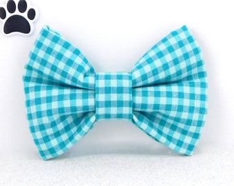 Teal Turquoise Plaid Dog Bow Tie / Cat Bow in Teal Gingham Check / Dog Mom Gift Bow / Newly Adopted Dog Bow Tie Gift