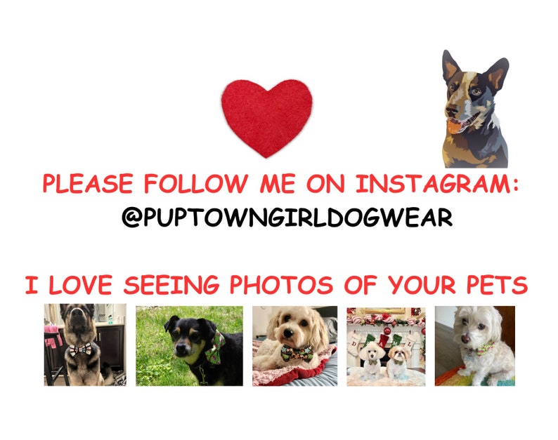 May include: A white graphic sign featuring a red heart, an illustration of a dog, and the text: PLEASE FOLLOW ME ON INSTAGRAM: @PUPTOWNGIRLDOGWEAR. I LOVE SEEING PHOTOS OF YOUR PETS. Below are five small photographs of various dogs wearing bow ties.