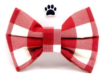 Red and White Buffalo Plaid Dog Bow Tie, Classic Gingham Check Pet Accessory