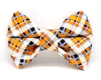 Autumn Plaid Bow for Dogs and Cats / Fall Season Dog Bow Tie in Orange and Gray / Dog or Cat Stocking Stuffer Gift