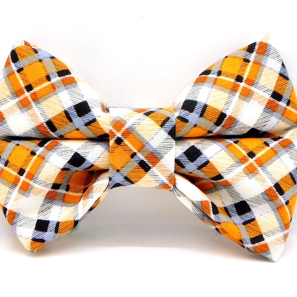 Plaid Dog Bow Tie in Orange, Gray and White / Cat Plaid Orange Bow Tie / Plaid Bow for New Puppy / Rescue Dog Bow Tie / Therapy Dog Bow