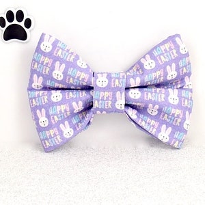 Happy Easter Dog Bow Tie / Cat Bow for Easter with Bunnies / Easter Basket Gift for Dog or Cat / Purple "Happy Easter" Dog Bow