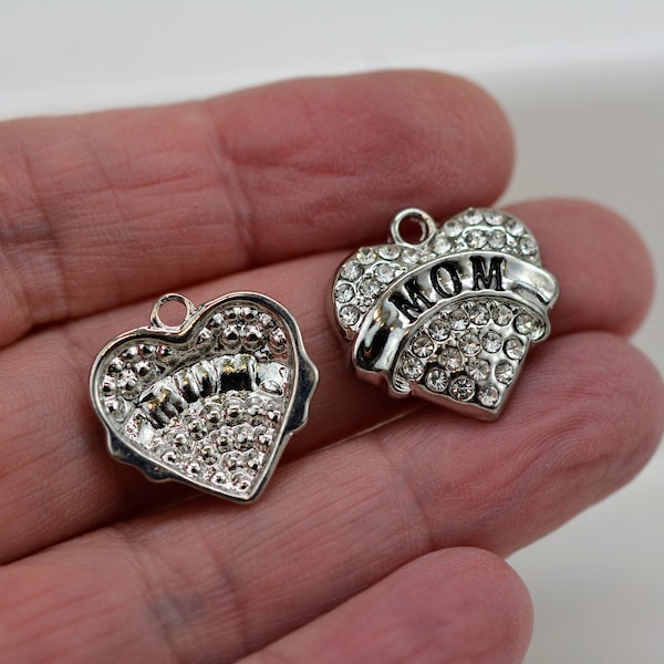 Mom Heart Charm, Mother's Day Charm, Mom's Day Charm, Rhinestone Heart Mom Charm, Grandma Charm, Grandma Heart Charm