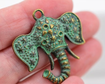 Verdigris Elephant Head Pendant: Zinc Alloy Charm