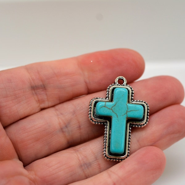 Cross Charm, Turquoise and Silver Cross Charm, Crucifix Charm, Cross Pendant, Crucifix Pendant, Small Cross Pendant