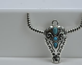Antique Silver Cow Skull Pendant: Boho Western Jewelry