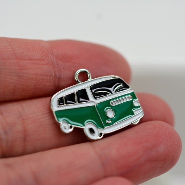 Van Charm, Vehicle Charm, Hippie Van Charm, Retro Van Charm, Hippie Bus Charm, set of 2 Enameled Bus Charms