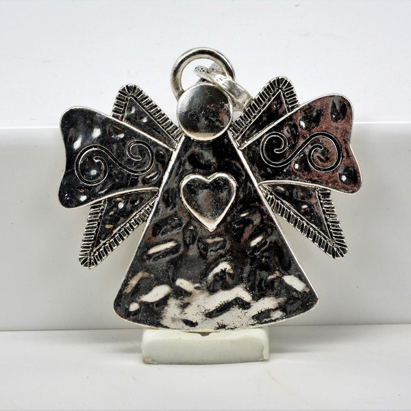 Angel Pendant, Large Angel Pendant, Antique Silver Angel Pendant, Heart Angel Pendant, Guardian Angel Pendant