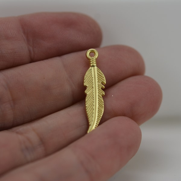 Feather Charm, Matt Gold Feather Charm, Small Feather Charm, Tiny Feather Charm, 5 Feather Charms