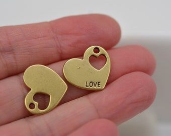 Heart Charm, Love Charm, Valentine Charm, Cut Out Heart Charm, Set of 2 Matt Gold Heart Charms