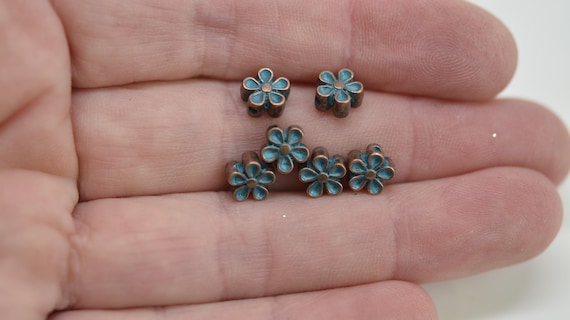 Blue Flower Spacer Beads: Antique Copper, Zinc Alloy (Set of 20)