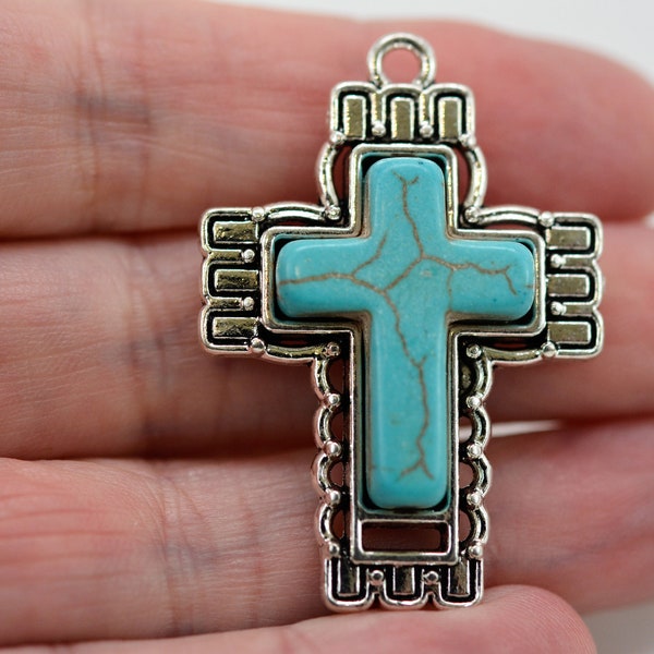 Cross Charm, Turquoise and Silver Cross Charm, Crucifix Charm, Cross Pendant, Crucifix Pendant, Small Cross Pendant