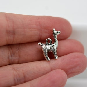 May include: Silver charm in the shape of a llama, standing on all four legs with its head held high. The charm has a textured surface and a loop at the top for attaching to a necklace or bracelet.