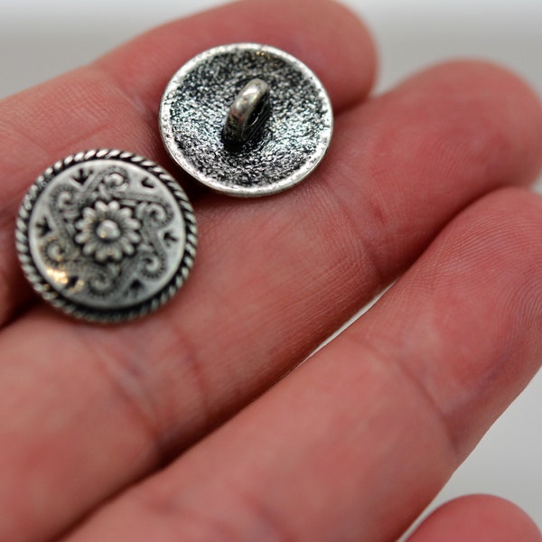 15mm Metal Shank Button, Antique Silver Shank Button, Metal Shank Button, set of 5 buttons.