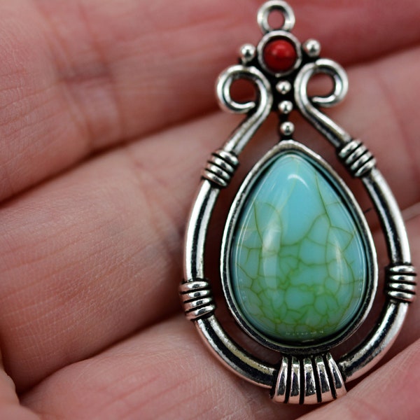 Boho Chic Pendant, Imitation Turquoise Pendant, Turquoise and Silver Pendant