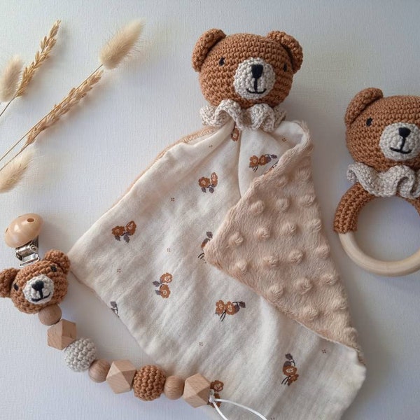 Personalized teddy bear flat comforter, rattle and pacifier clip set