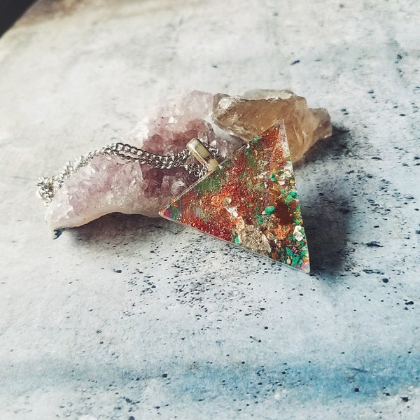 Raw Crystal Gemstone & Resin Holographic Triangle Pendant Necklace - Crushed Garnet, Magnesite, Metallic Flake