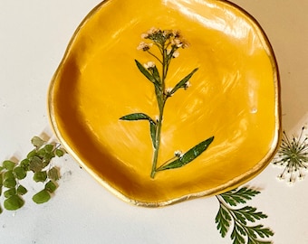 Pressed Flower Clay Ring Dish in Mustard Yellow