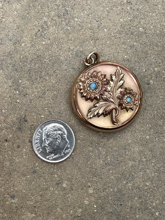 Antique Sunflower Locket, Rose Gold Fill and Opals - image 4