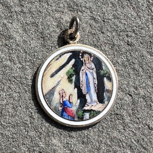 Rare Enamel Our Lady of Lourdes (Virgin Mary) and St. Bernadette, Pendant, French Religious Medal