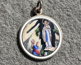 Rare Enamel Our Lady of Lourdes (Virgin Mary) and St. Bernadette, Pendant, French Religious Medal