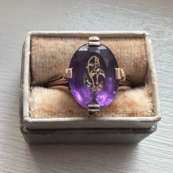 Antique Victorian Rose of Sharon Amethyst and Diamond Ring, 14K Yellow Gold