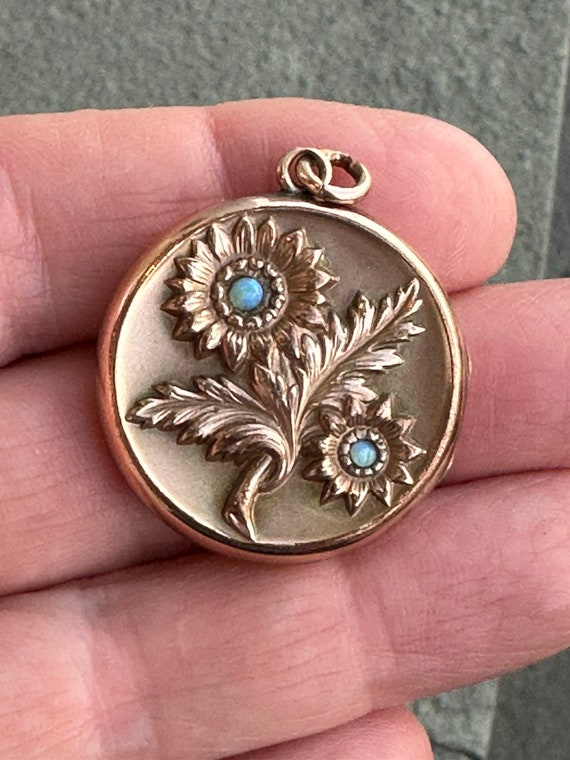 Antique Sunflower Locket, Rose Gold Fill and Opals - image 3