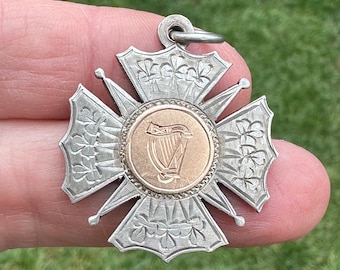 Vintage Irish Medal or Pendant, Irish Harp and Shamrocks, Sterling Silver with Rose Gold