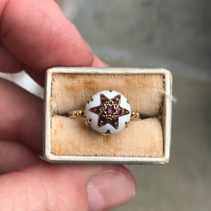 Vintage Victorian Style White Enamel and Ruby Star Ring, 14K Yellow Gold