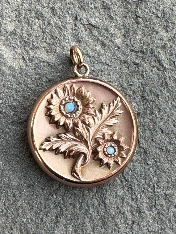 Antique Sunflower Locket, Rose Gold Fill and Opals - image 1