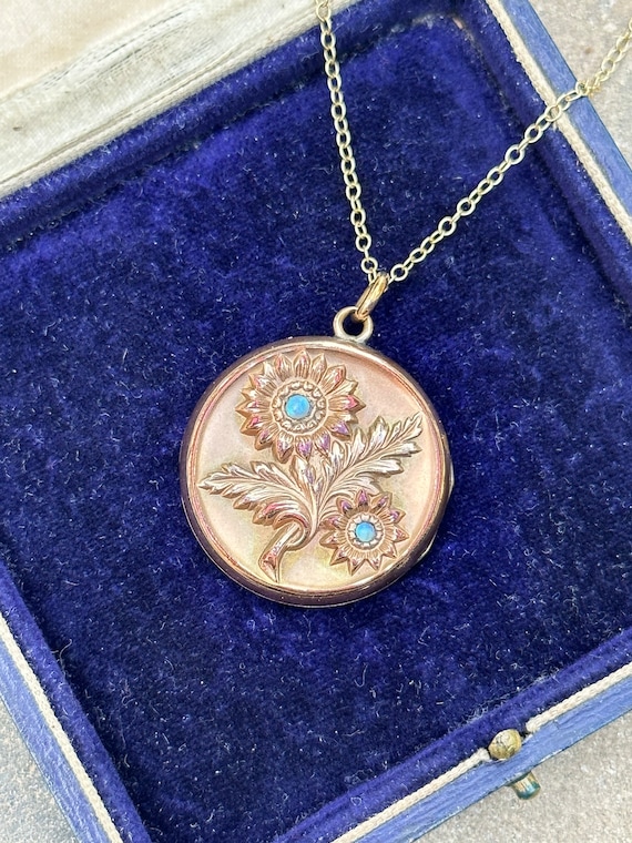 Antique Sunflower Locket, Rose Gold Fill and Opals - image 2