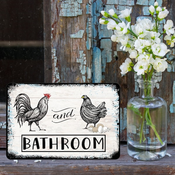 Rooster and Hen Bathroom Sign- Unisex Farmhouse Restroom Sign for Commercial Restaurant or Home Decor