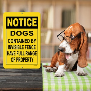 K&ouml;nnte beinhalten: Ein gelbes rechteckiges Schild mit schwarzem Text, der lautet: &bdquo;HINWEIS HUNDE ENTHALTEN DURCH UNSICHTBAREN ZAUN HABEN VOLLE REICHWEITE DES EIGENTUMS&ldquo;. Ein Basset Hound mit Brille sitzt auf einem gr&uuml;n-wei&szlig; karierten Tuch.