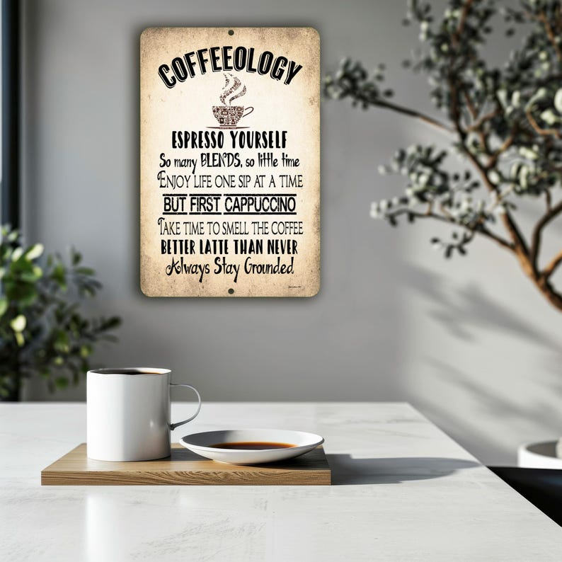 May include: A rectangular metal wall sign with a distressed beige finish featuring the black text COFFEEOLOGY, a coffee cup icon, and phrases including ESPRESSO YOURSELF, SO MANY BLENDS, SO LITTLE TIME, ENJOY LIFE ONE SIP AT A TIME, BUT FIRST CAPPUCCINO.