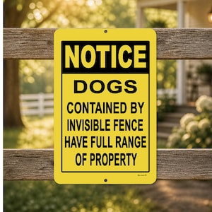 May include: A yellow rectangular sign with black text that reads "NOTICE DOGS CONTAINED BY INVISIBLE FENCE HAVE FULL RANGE OF PROPERTY." The sign is mounted on a wooden fence.