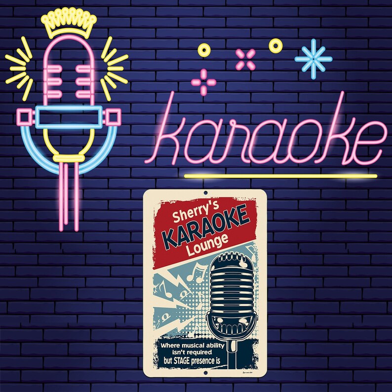Personalized Karaoke Lounge sign displayed against a purple brick wall with glowing karaoke lettering, microphone graphics and colorful music room decor.