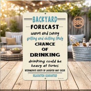 May include: A rectangular metal sign with a cream background and black and blue text that reads: BACKYARD FORECAST, warm and sunny, grilling and chilling likely, CHANCE OF DRINKING, drinking could be heavy at times, INTERMEDIATE BOUTS OF LAUGHTER MAY OCCUR, RELAXATION GUARANTEED.