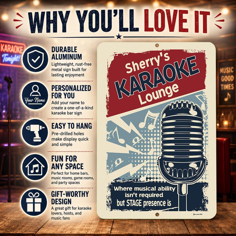 Personalized Karaoke Lounge metal sign infographic highlighting custom name design, vintage microphone artwork, durable aluminum construction and easy hanging.