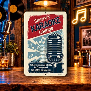 Personalized Karaoke Lounge aluminum sign with retro microphone artwork displayed in a rustic home bar with vintage vinyl records, glowing musical note, and warm lighting.