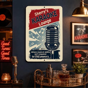 Custom Karaoke Lounge wall sign displayed in a dark home karaoke bar with framed microphone artwork, warm lighting and music-themed decorations.