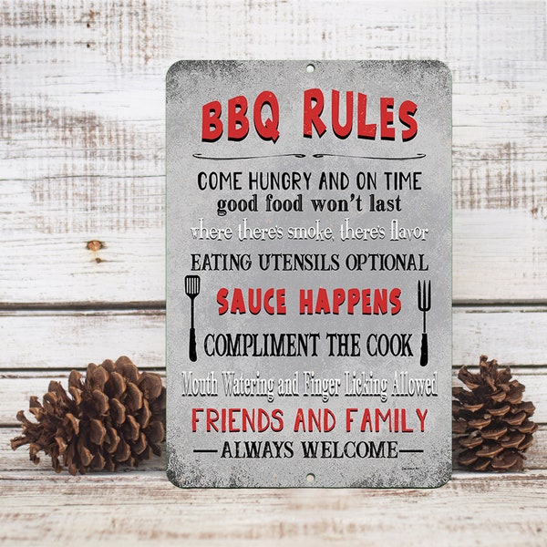 BBQ Rules Metal Sign with Food-Inspired Sayings Backyard Grilling Station Deck and Patio Decor Gift for Foodies