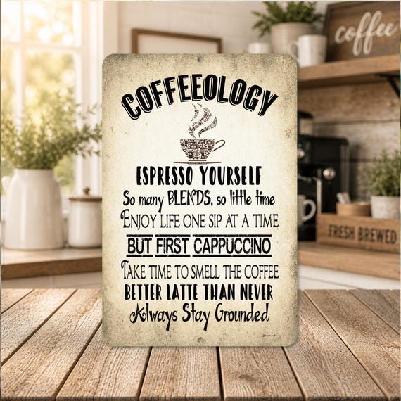 Coffeeology Metal Sign | Coffee Bar Decor | Funny Kitchen Wall Art | Barista Gift