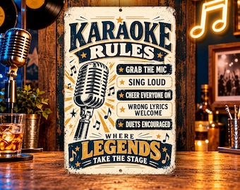 Karaoke Rules Metal Sign | Karaoke Room Decor | Home Bar Wall Art | Music Lover Gift