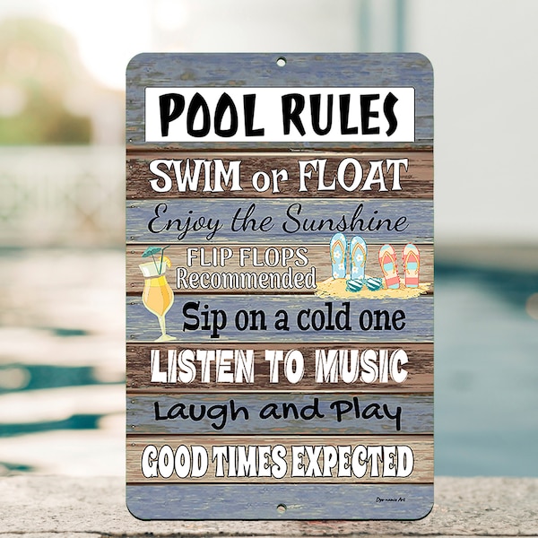 Pool Rules Metal Sign with Inspirational Sayings Indoor/Outdoor, Rustic Poolside Décor