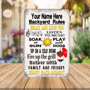 Personalized Backyard Rules Metal Sign: Custom Outdoor Decor