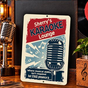 Personalized Karaoke Lounge aluminum sign with custom name displayed in a warmly lit rustic home bar beside a vintage microphone and music decor.