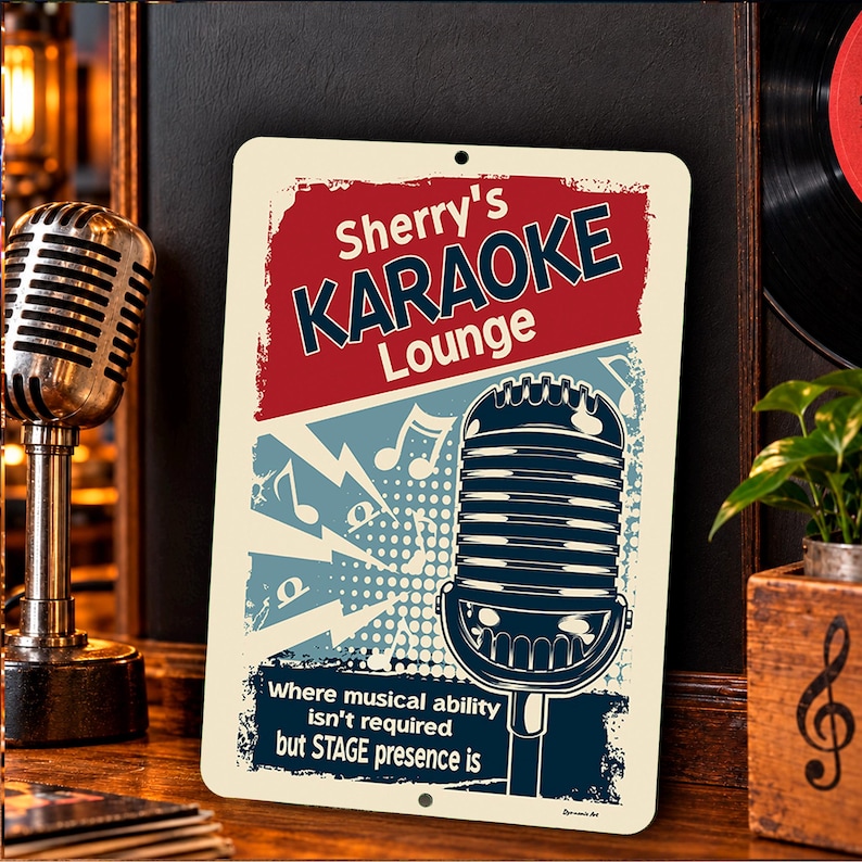 Personalized Karaoke Lounge aluminum sign with custom name displayed in a warmly lit rustic home bar beside a vintage microphone and music decor.