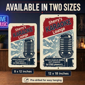 Personalized Karaoke Lounge aluminum sign size comparison showing 8 x 12 inch and 12 x 18 inch versions with matching retro microphone artwork.