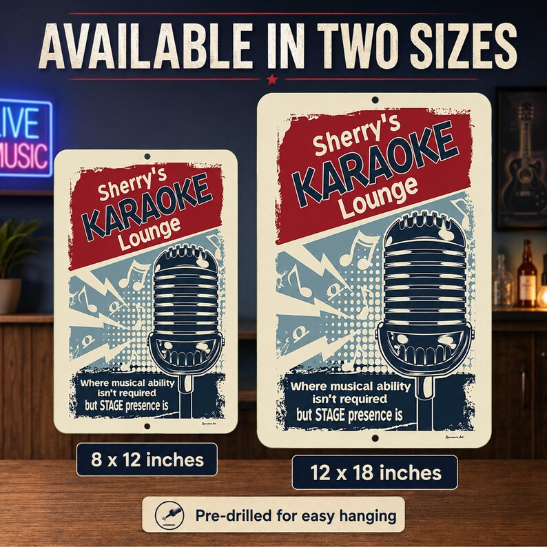 Personalized Karaoke Lounge aluminum sign size comparison showing 8 x 12 inch and 12 x 18 inch versions with matching retro microphone artwork.