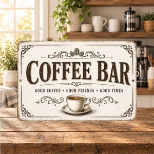 May include: A rectangular metal sign with a distressed off-white background featuring the dark brown text COFFEE BAR, three coffee beans, and a cup of coffee. Below the cup, the text reads GOOD COFFEE, GOOD FRIENDS, GOOD TIMES.